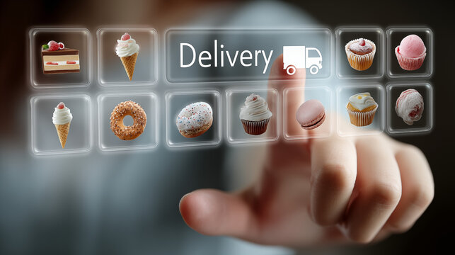 A futuristic digital food delivery interface with food delivery car icon, finger pressing virtual menu icons of bakery items such as cake, donut, cupcake, and macarons, online ordering illustration.