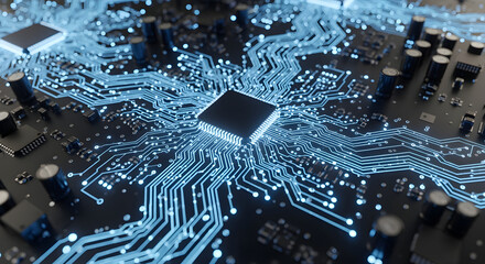 High tech glowing circuit board with central microchip for cutting edge technology and innovation concepts