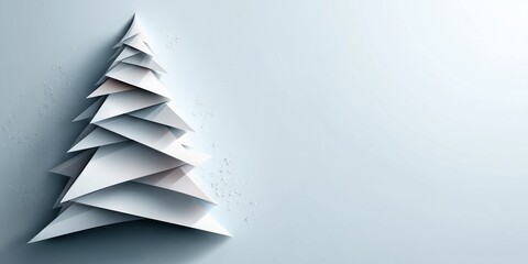 Minimalist, abstract 3D paper craft style Christmas tree made of layered white triangles with shadows on a pale blue background with copy space.