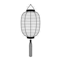 A black and white line drawing of a traditional cylindrical Asian paper lantern with a tassel.