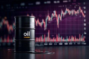 oil barrel with spilled crude oil in front of a digital screen showing a volatile financial stock market graph.