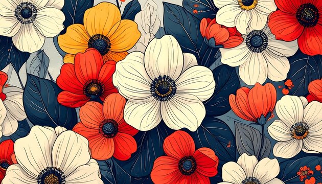 Vibrant floral pattern with various shades of orange, red, and white anemone flowers on a dark background
