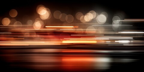 Abstract background of horizontal light trails and golden bokeh effects on a dark background, representing speed, motion, and technology.
