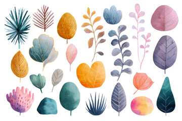 Fototapeta premium Watercolor botanical leaves and abstract plants on white background