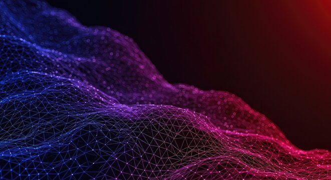 Abstract digital network visualization with glowing nodes and connecting lines, transitioning from blue to red.