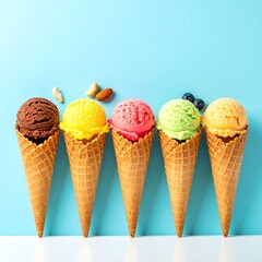 Five colorful ice cream scoops in waffle cones