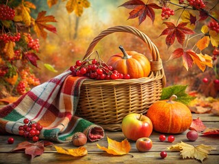 Autumn harvest basket with pumpkin and apple