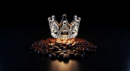 Fototapeta premium Sparkling crown atop a pile of fresh roasted coffee beans against a dark background creates a regal ambiance