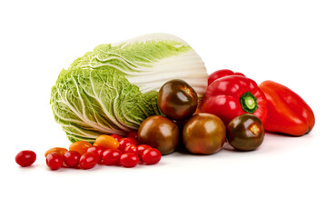 Vegetables: Cabbage, Tomatoes, Red Bell Peppers, isolated on white background