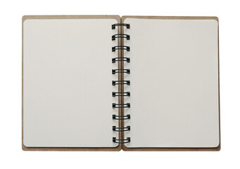Opened spiral notebook isolated on transparent background. Empty diary, planner. Writing, notes, school or organization concept, cut out graphic object. Spring sketchbook stationery, top view.
