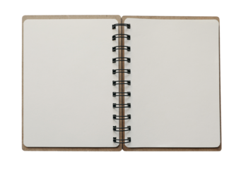 Opened spiral notebook isolated on transparent background. Empty diary, planner. Writing, notes, school or organization concept, cut out graphic object. Spring sketchbook stationery, top view.
