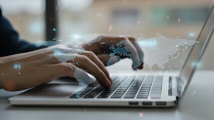 Close up of hands typing on laptop keyboard with digital world map overlay, representing global communication, networking, and international business - Powered by Adobe