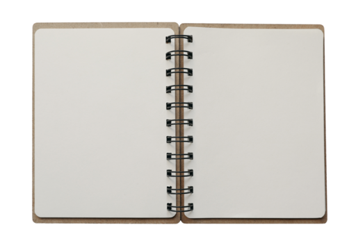 Opened spiral notebook isolated on transparent background. Empty diary, planner. Writing, notes, school or organization concept, cut out graphic object. Spring sketchbook stationery, top view.