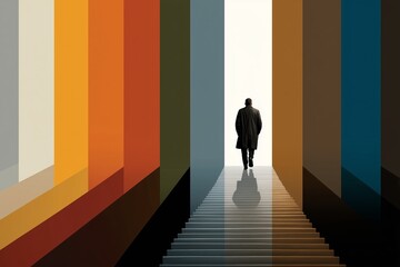 Conceptual image of a man in a long coat walking up a set of stairs towards a bright white light between vertical columns of various colors.