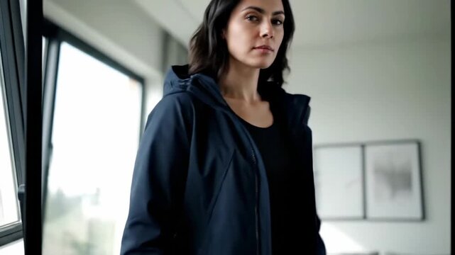 Woman models chic outerwear while adjusting jacket in bright room with large windows. Contemporary design highlights fashion and comfort. Concept of apparel, urban fashion, lifestyle