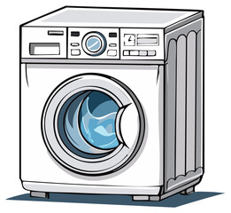 Modern white front-loading washing machine with blue water visible inside the drum