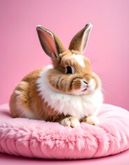 Fluffy rabbit on pink cushion in pastel scene glow