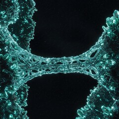 Intricate glowing teal crystalline network structure against a dark background.