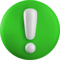 Vector cartoon 3d exclamation mark sign. 3d Render of green round attention sign. Plastic warning symbol, caution notification icon for eco infographic, web, app, design, game.