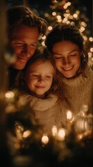 A family of three smiles warmly as they watch the midnight countdown on New Year's Eve, illuminated by the festive glow of Christmas lights and candles.