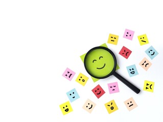 Fototapeta premium Happy, neutral, sad and angry emoji on colorful sticky note paper. mental health concept, mood swings, depression, and bipolar disorder. Copy space 