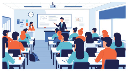 Educational Vector Illustration of Classroom with Teacher and Students in Modern Style