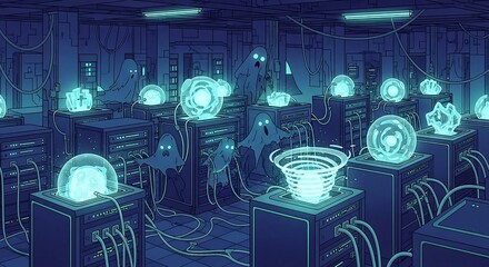 digital ghosts manipulating glowing data orbs and futuristic servers in a dark cyberpunk data center illustrating ai and virtual haunting.
