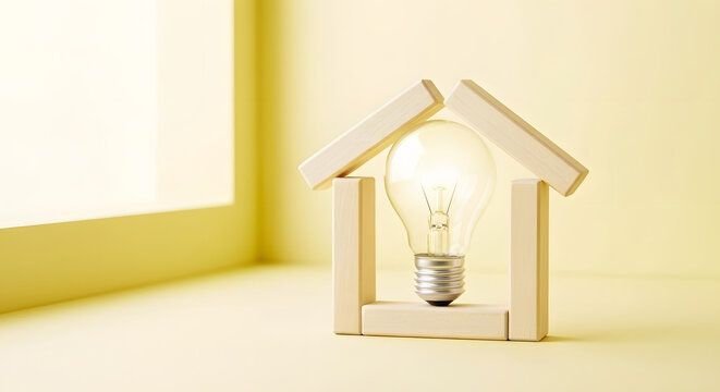 A glowing lightbulb inside a house shape made of wooden blocks, symbolizing a smart home or a bright idea. - Powered by Adobe
