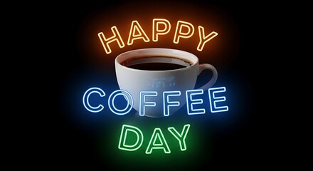 Celebrate happy coffee day with a cup of coffee and neon lights on a dark background to enjoy the day