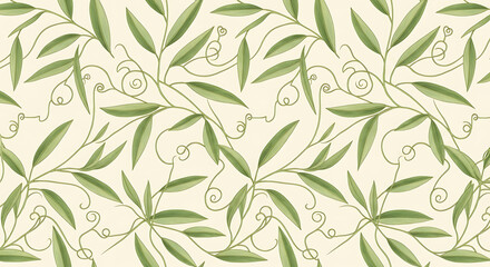 An intricate botanical pattern featuring stylized green leaves and delicate tendrils on a light background, creating a repeating floral design.