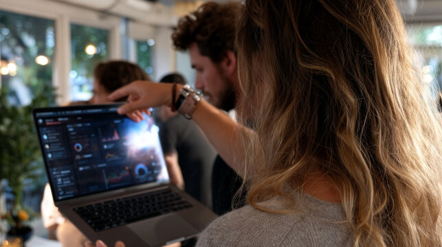 Data Analytics Review - Professionals analyzing dashboard on a laptop - Powered by Adobe