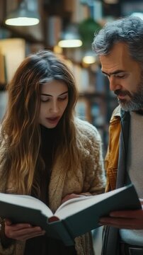 Knowledgeable pair with a significant age gap, maybe a mentor and mentee, engrossed in a book discussion as they stand amidst bookshelves in a warm and inviting library with soft lighting