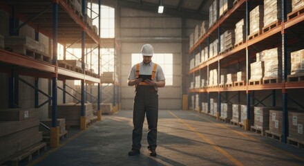 Obraz premium Worker in a warehouse with shelves and boxes uses a tablet device