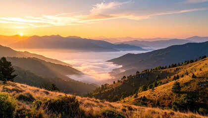 Golden Sunset Over Misty Mountain Valleys with Warm Hues on Sloping Hillsides and a Horizon Veil of Haze Creating a Dreamlike Atmospheric Scene