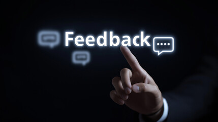 Fototapeta premium Businessman Touching Speech Bubble Feedback Icons to Access Real-Time Customer Reviews, Improve Decision-Making and Enhance Digital Experience