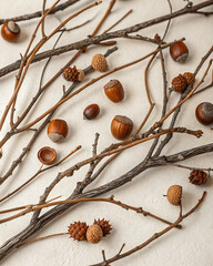 Natural autumn background with dry twigs, acorns and chestnuts on a light background. In warm shades