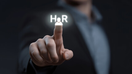 Businessman Touching Virtual HR Icon for Human Resources Management, Employee Engagement, Recruitment Strategy and Workforce Development