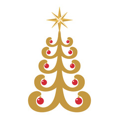 Stylized Modern Golden Christmas Tree with Curvy Branches, Red Ornaments, and Star Topper