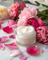 A jar of luxurious body or face cream. Fluffy peony flowers and scattered pink petals create a feeling of luxury