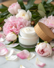 A jar of luxurious body or face cream. Fluffy peony flowers and scattered pink petals create a feeling of luxury