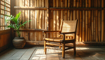 A wooden chair sits in a room with bamboo walls, next to a potted plant, illuminated by sunlight.