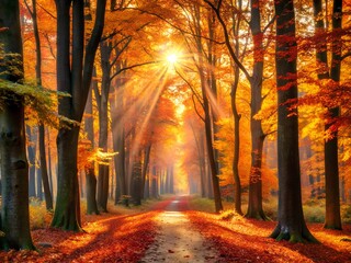 Sunbeams through autumn trees in a forest