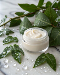 A jar of refreshing face cream or, standing on a marble surface. Transparent water drops