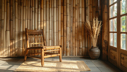 A wooden chair sits on a woven mat against a bamboo wall, next to a window with light streaming in. A vase with wheat stands nearby.