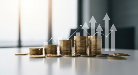 Stacked coins with an upward arrow graph overlay