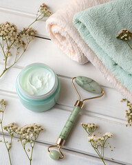 Flat lay composition for a self-care ritual. Includes a jar of cream, a jade roller for facial massage, delicate dried flowers