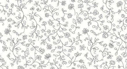 Delicate floral pattern featuring winding vines, small blossoms, and leaves in a monochromatic, minimalist design on a white background.