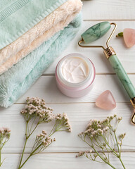 Flat lay composition for a self-care ritual. Includes a jar of cream, a jade roller for facial massage, delicate dried flowers