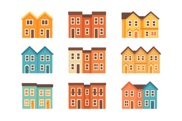 Housing silhouette icon set. featuring buildings, homes, apartments, duplexes, and townhouses