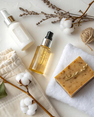 Minimalistic beauty set for natural skin care. Body cream, glass bottle with oil and handmade soap